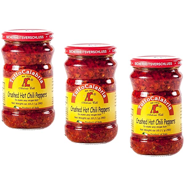 three bottles of Tutto Calabria crushed hot chili peppers